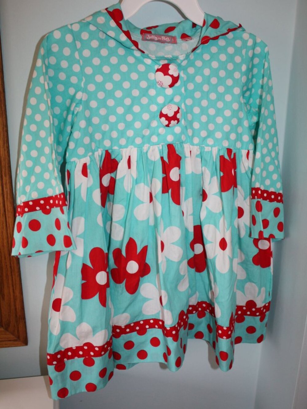 Jelly The Pug Girls Size 5 LS Blue Red Polka Dot Floral Hooded Hanna Dress